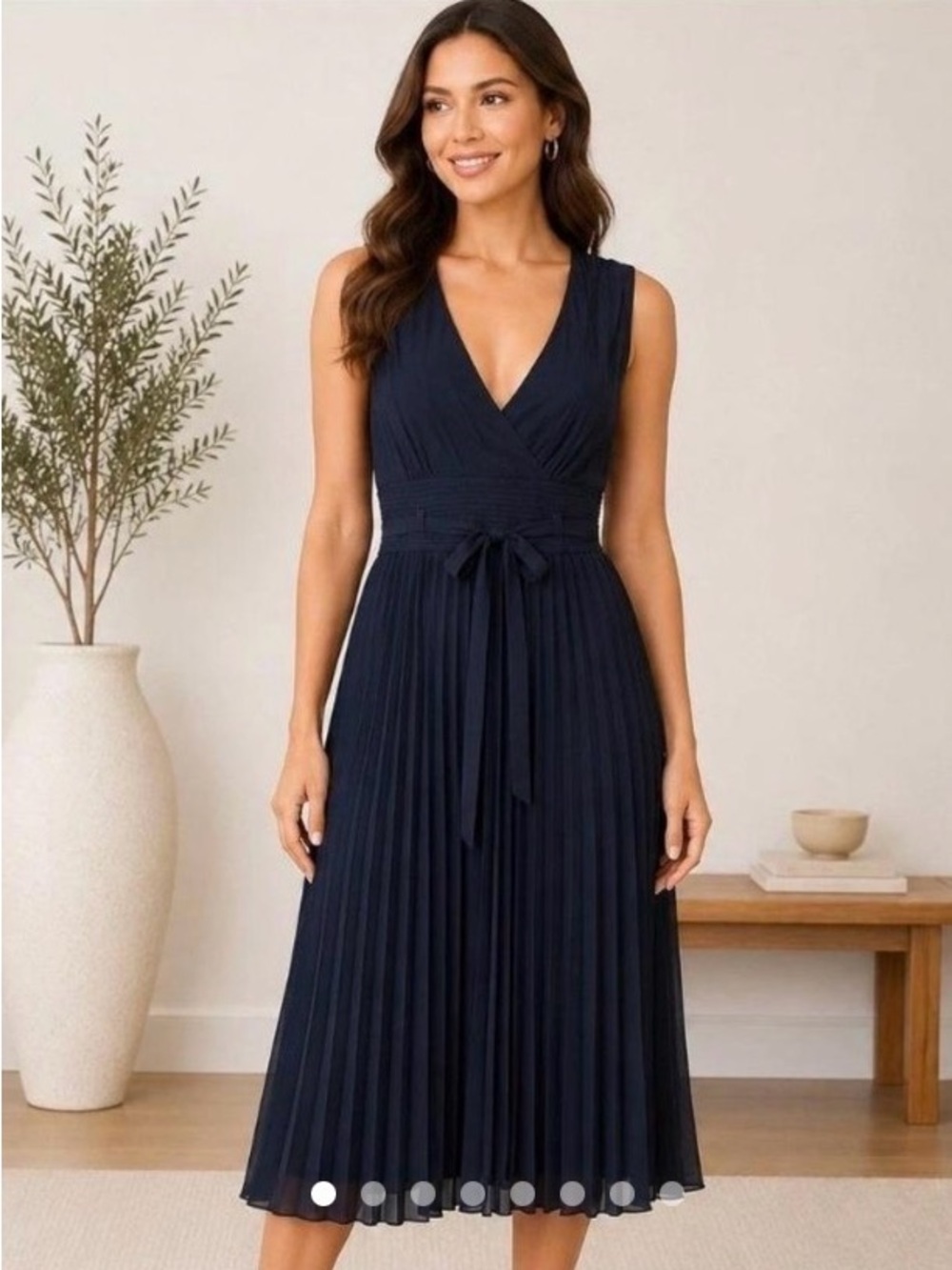 leifsdottir Navy Sleeveless Pleated Midi Dress with Waist Tie
